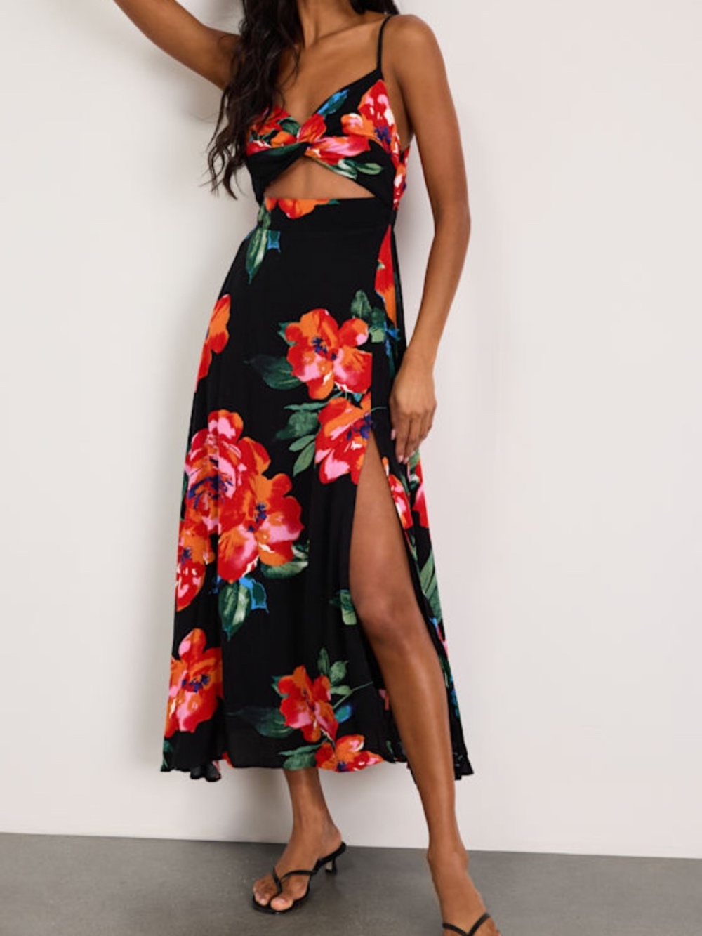 Lulus Tropical Blooms Black Floral Print Tie-back Cutout Dress - Size L